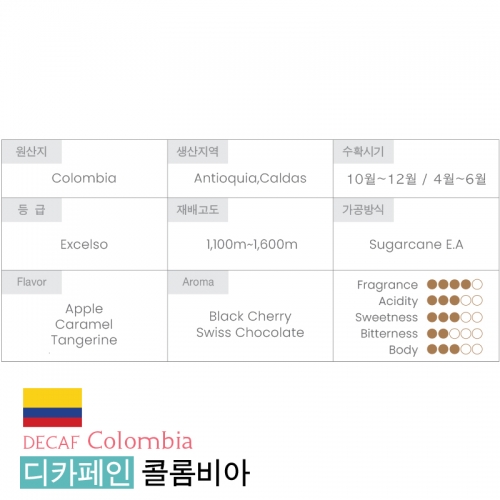 콜롬비아 디카페인 원두커피 500g